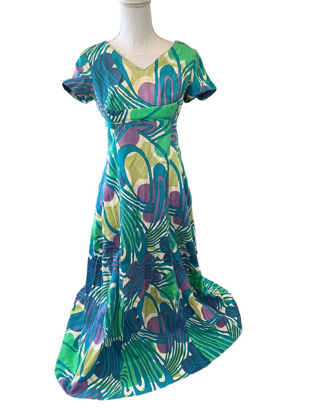 Vintage 60s Ja Na Hawaiian Maxi Dress Turquoise Green Purple Mod Print